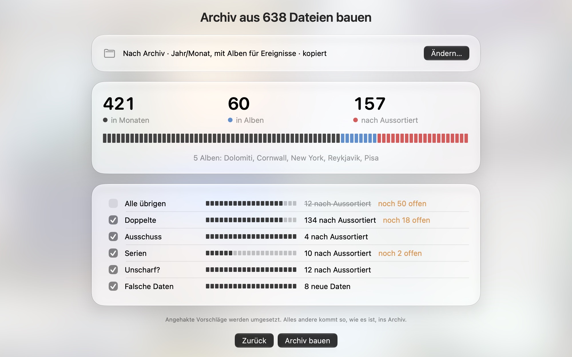PhotoReunion, Bauen: ein Balken zeigt 421 Fotos in Monaten, 59 in Alben und 198 nach Aussortiert, darunter jede Etappe mit ihrer Zahl.