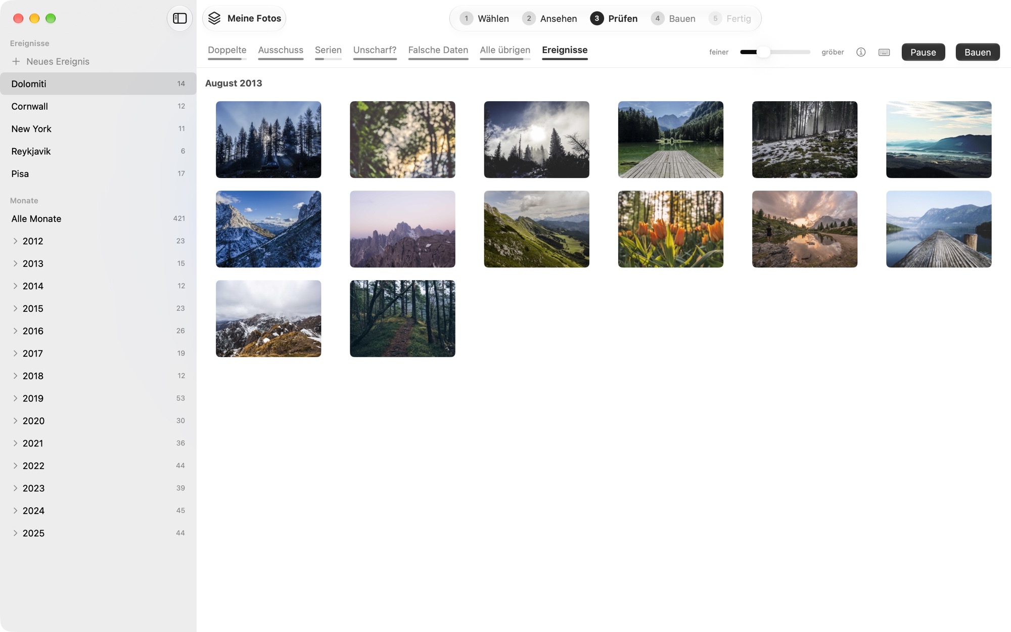 PhotoReunion, Ereignisse: das Album Dolomiti mit 14 Bergfotos, links die anderen Ausflüge und die Monate.