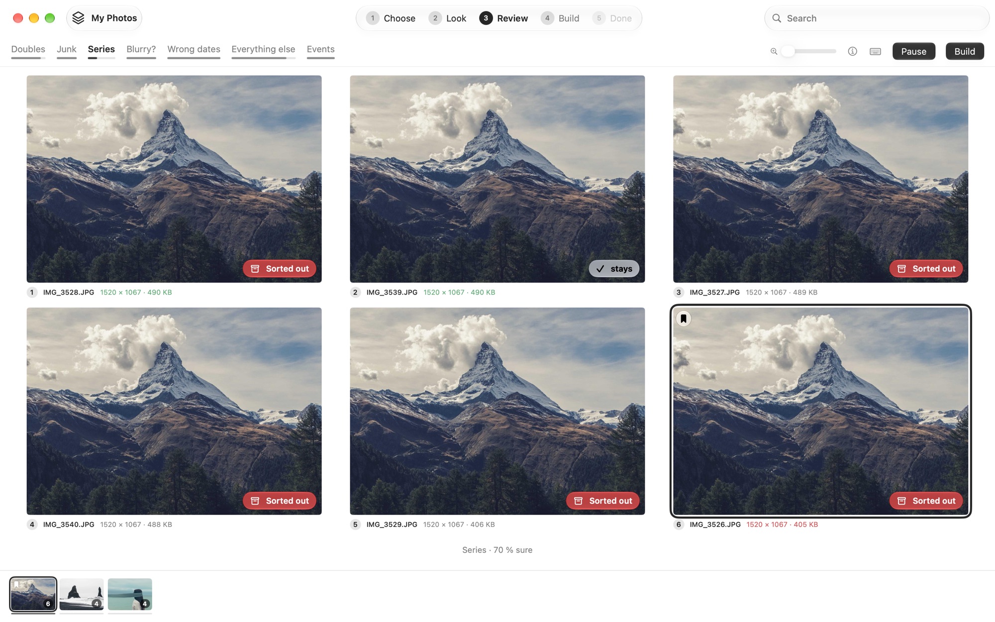 PhotoReunion, the Series stage of Review: six shots of the Matterhorn, one stays, five are sorted out.